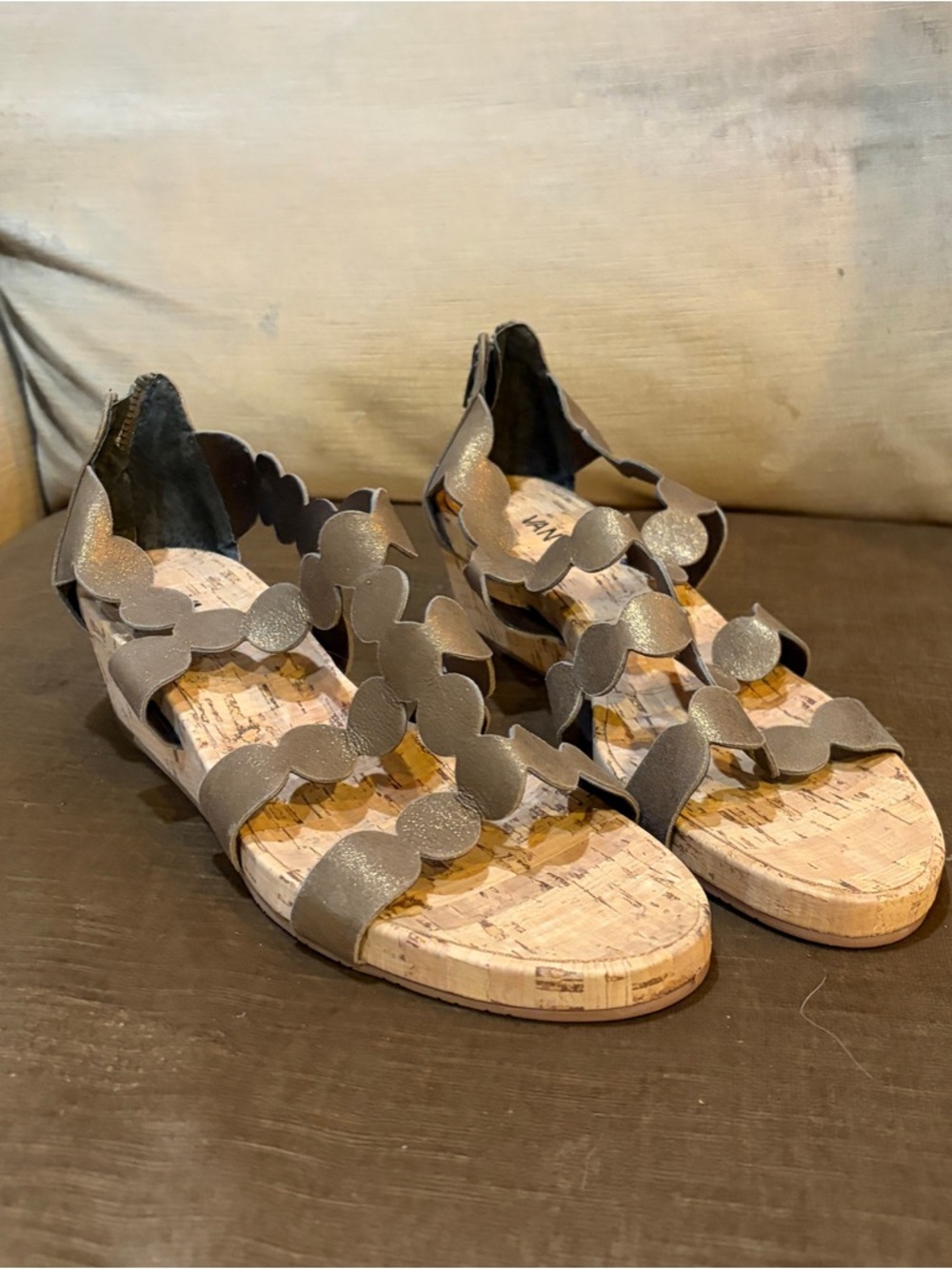 Vaneli Metallic Taupe Scalloped Wedge Sandals
